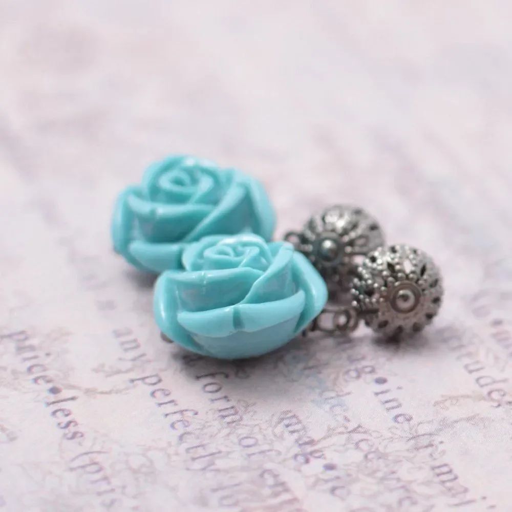 Turquoise Rose Silver Filigree Post Earrings - Picture 4 of 5